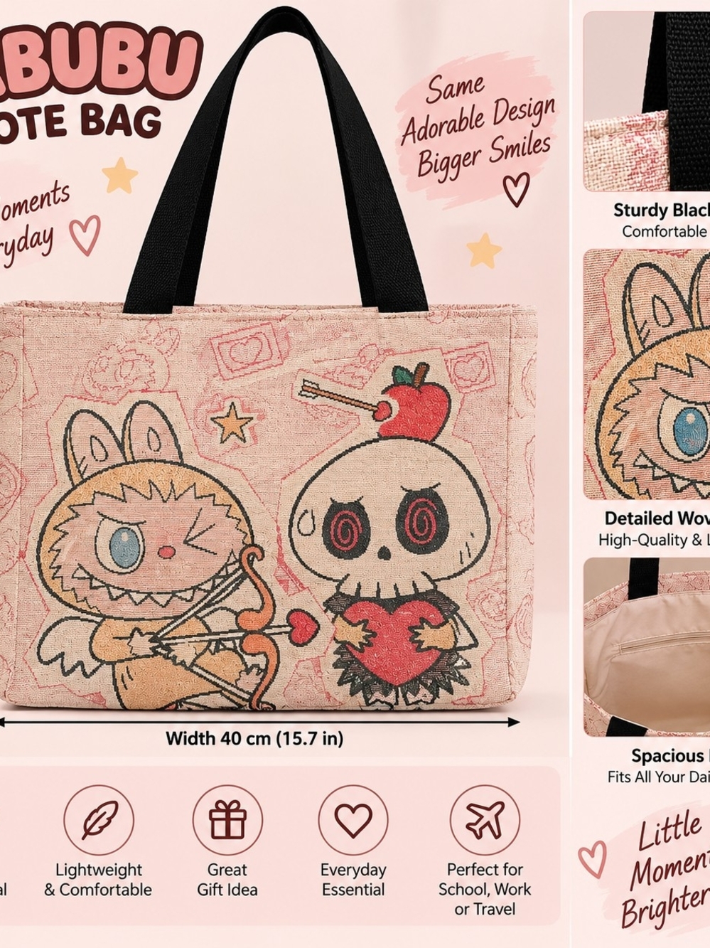 Pink Illustrated Tote Bag with Black Handles